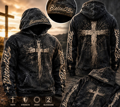 A black distressed hoodie with a large distressed cross graphic on the front, 'Blessed2B' text on the hood and sleeves, shown in multiple views with a circular detail inset and feature icons at the bottom.